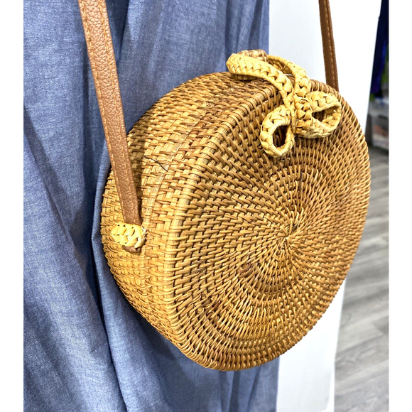 Natural Straw Brown Wicker Shoulder Crossbody Bag Purse Cottagecore Boho Preppy - Picture 9 of 10